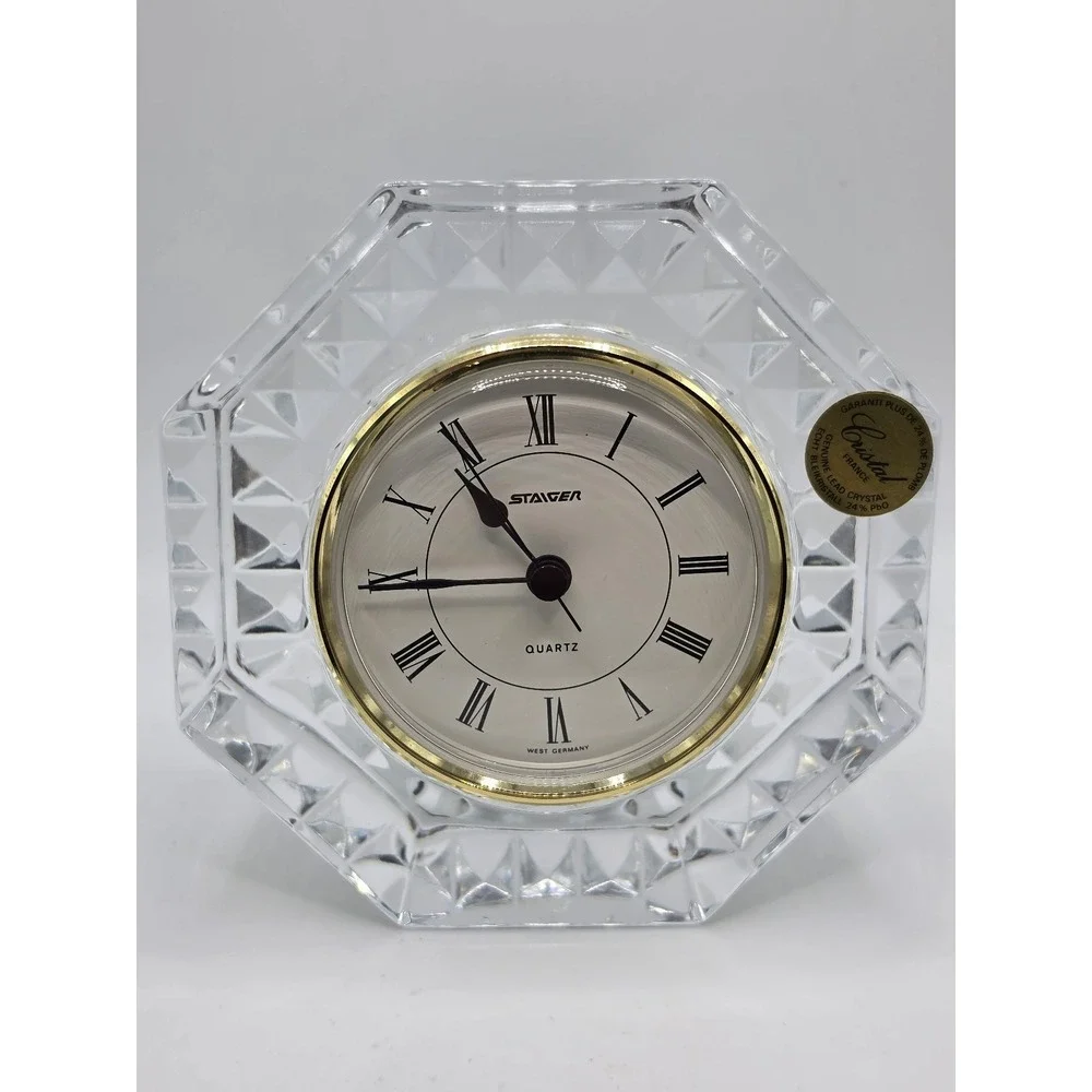Heavy Lead Crystal Table Quartz Clock Staiger‎ West Germany, Cristal Case France